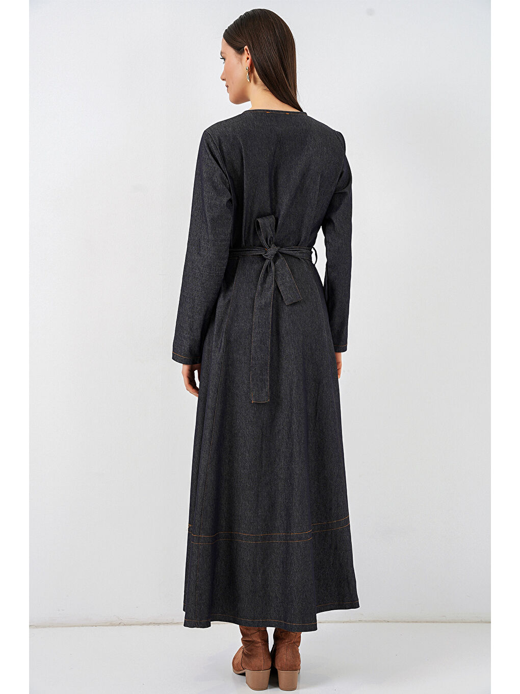 Kadın Kuşaklı Uzun Denim Elbise 2595 - Lacivert-5