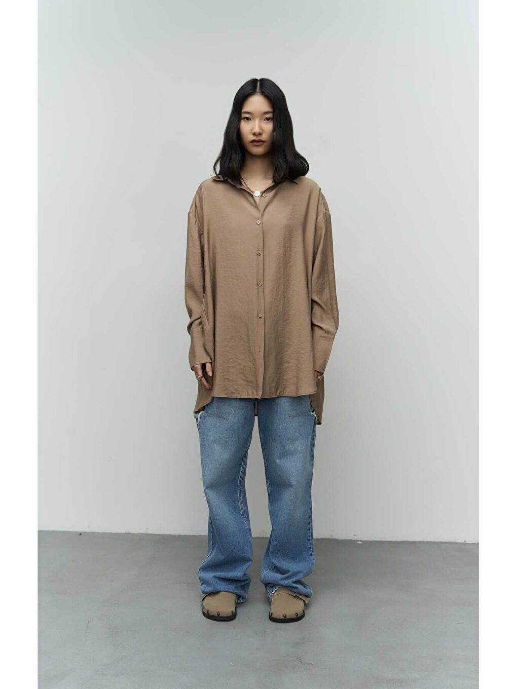Bej Zaria Açık Vizon Oversize Gömlek-1