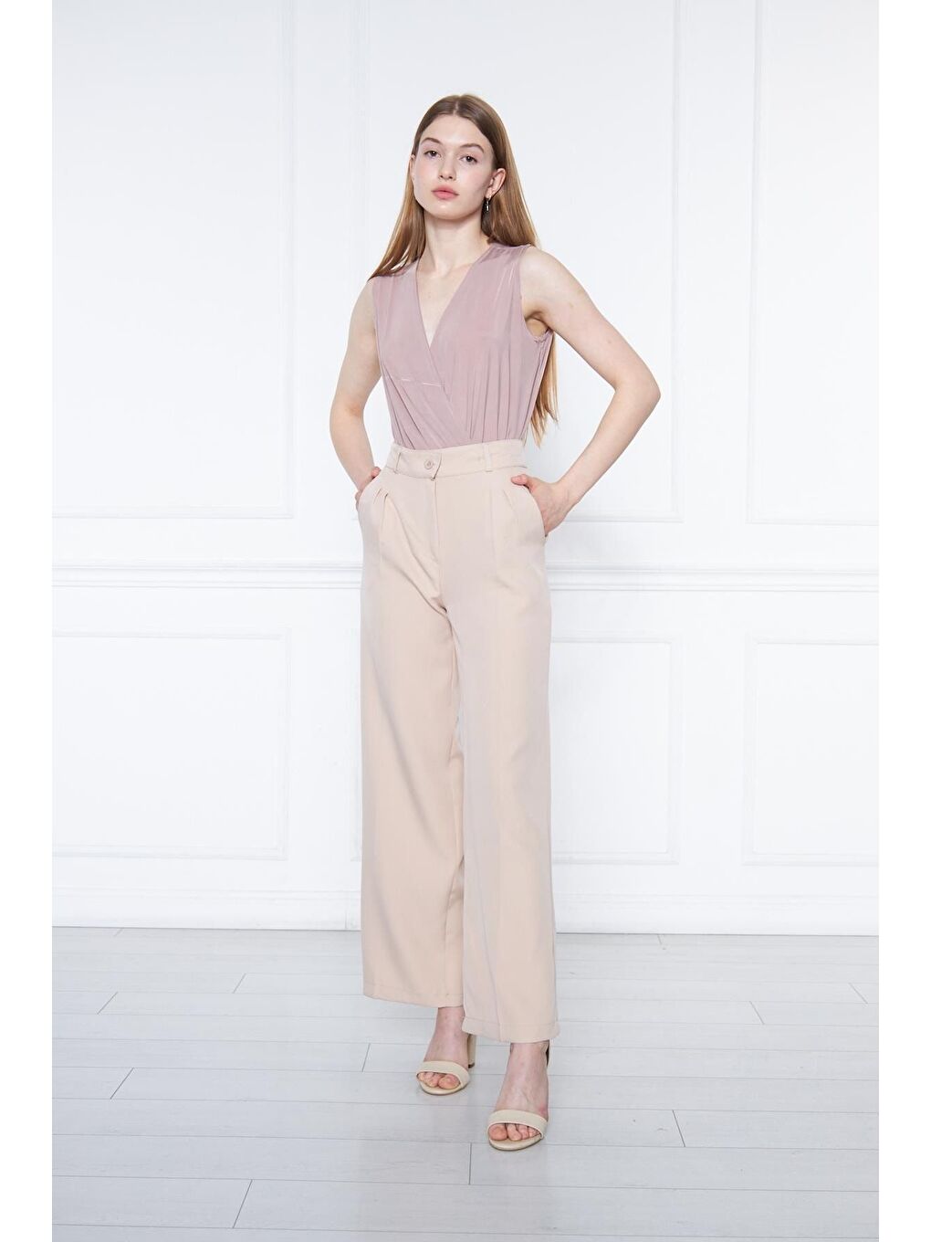 Kadın Bej Yüksek Bel Palazzo Pantolon-2