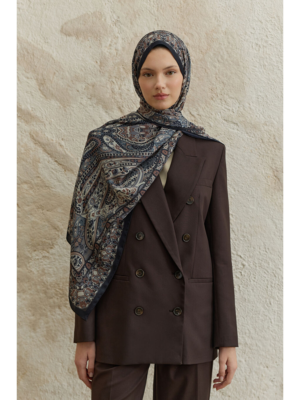 Kahverengi Cupra Prive Desenli Şal Saga Kahve-2