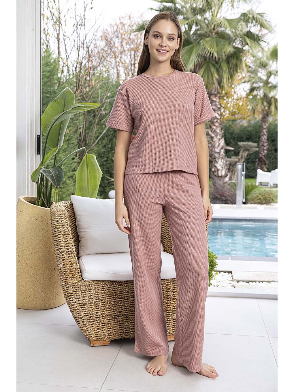 Pembe Kadın Kısa Kol Waffle Kumaş Pijama Takımı 260109 Gül Kurusu-3