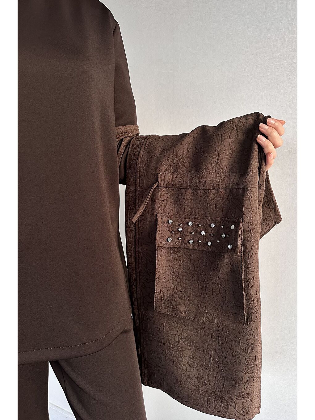 Kahverengi Kapüşonlu Yelek Tunik Pantolon Tesettür Üçlü Takım-6