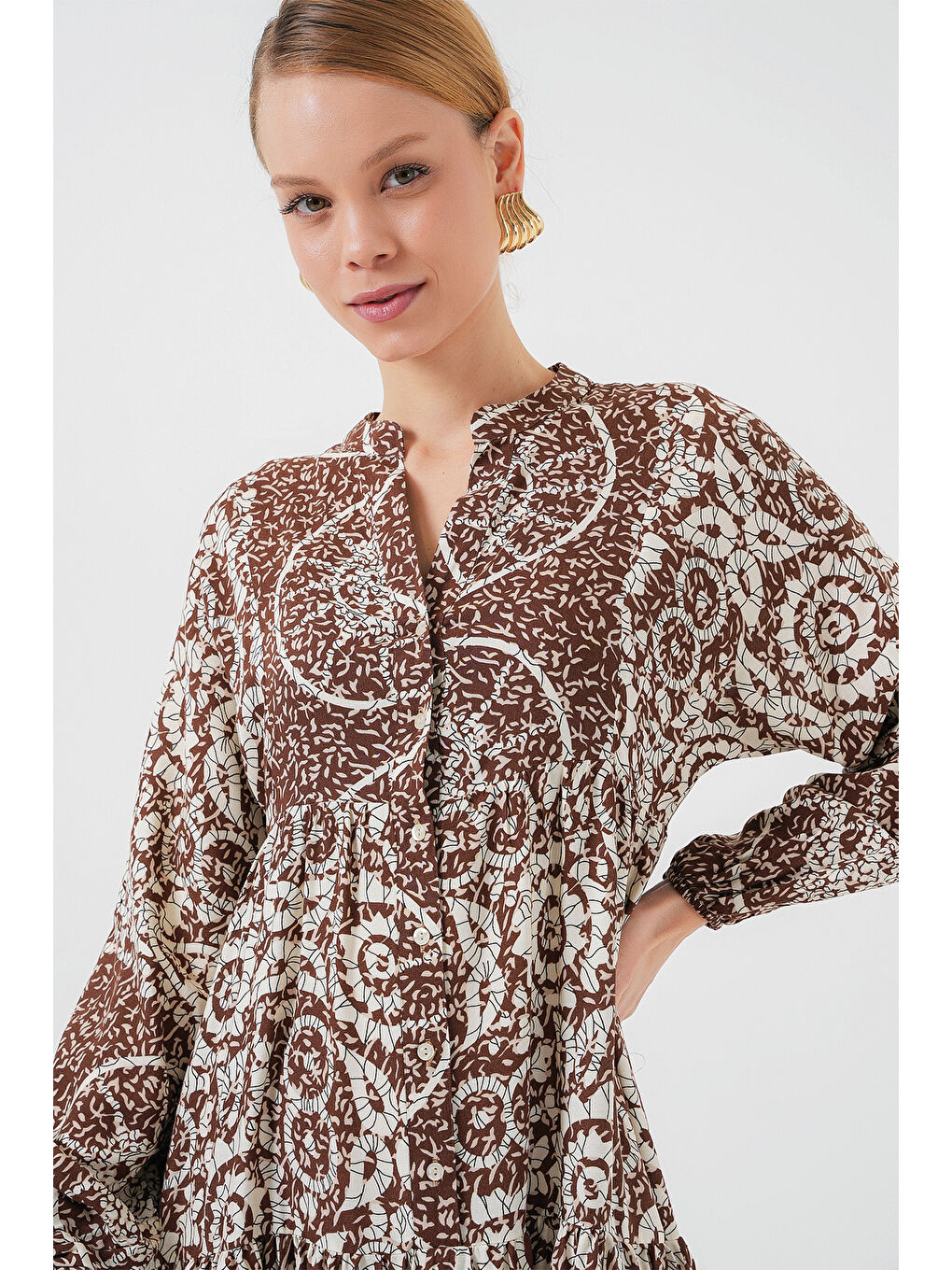 Kahverengi 2423 Otantik Desenli Tesettür Elbise - Y.Kahve-2