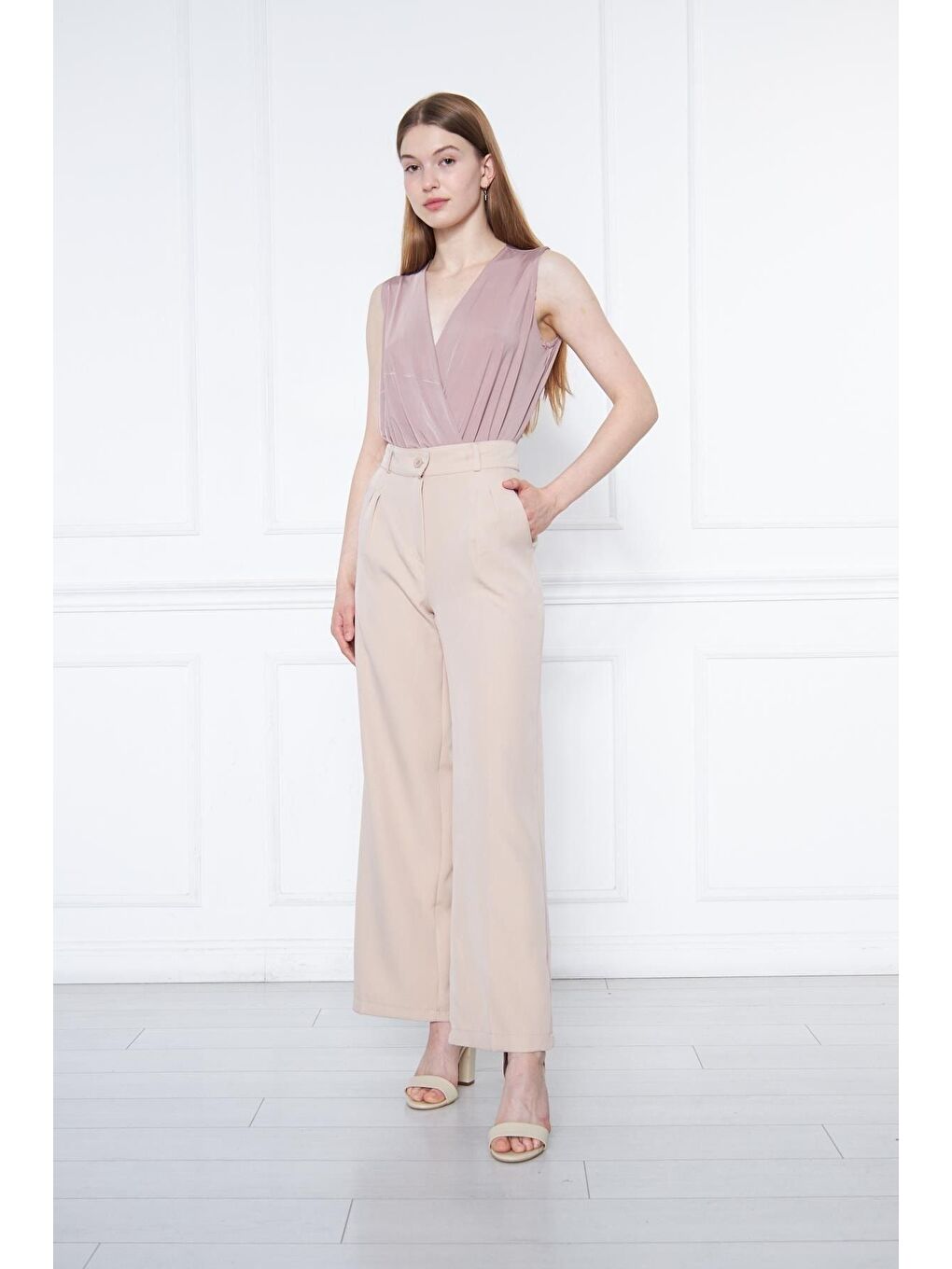 Kadın Bej Yüksek Bel Palazzo Pantolon-3