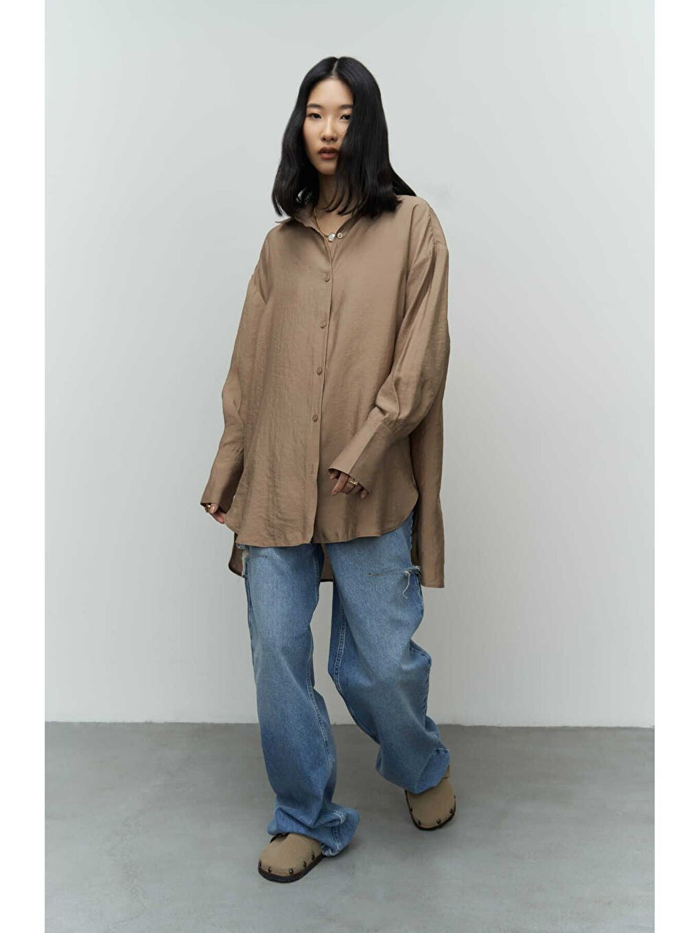 Bej Zaria Açık Vizon Oversize Gömlek-4