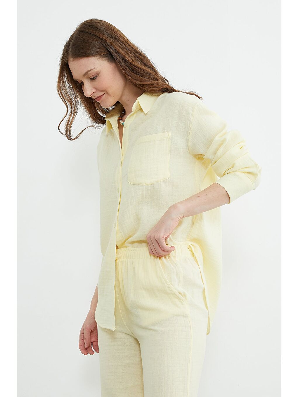Sarı Tek Cepli Müslin Kumaş Salaş Gömlek-3