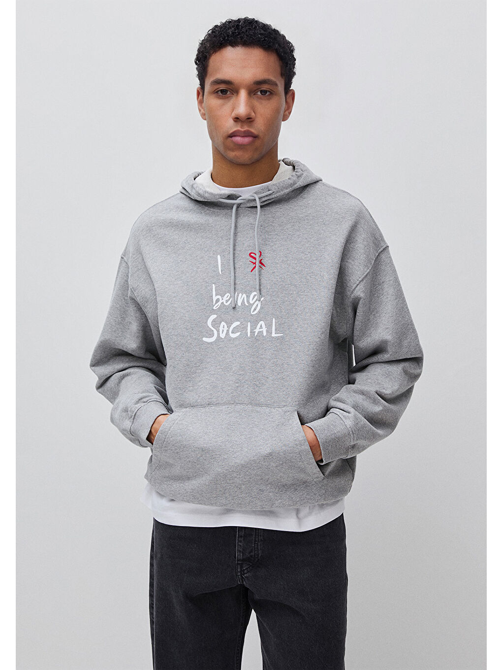 Erkek Gri Melanj  %100 Pamuk Grafik Baskılı Kapüşonlu Sweatshirt
