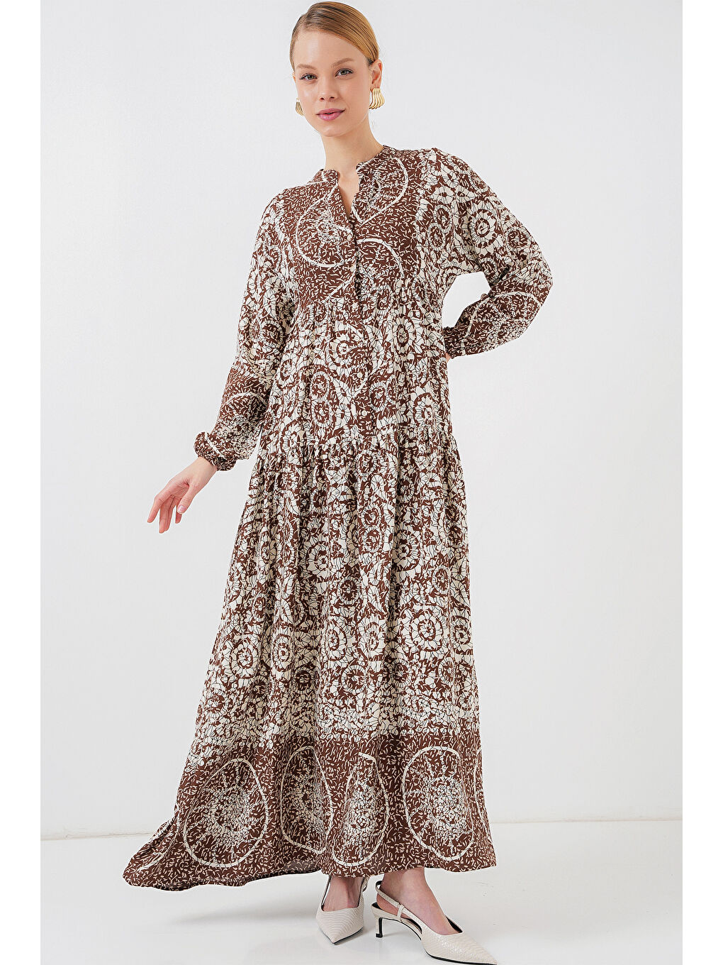 Kahverengi 2423 Otantik Desenli Tesettür Elbise - Y.Kahve-3