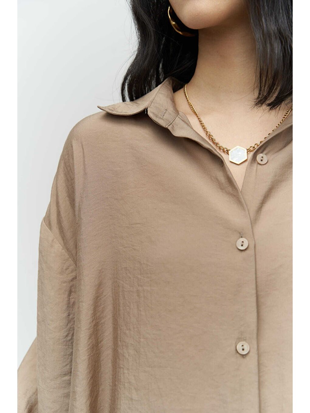 Bej Zaria Açık Vizon Oversize Gömlek-5