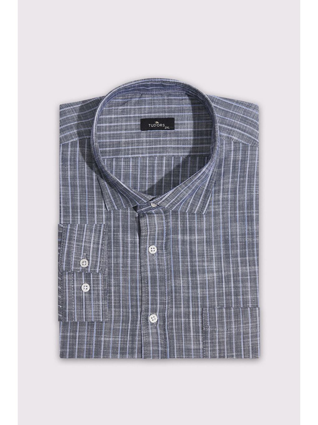 Gri Erkek Battal Büyük Beden Uzun Kollu Çizgili Keten Efektli Spor Yaka Füme Gömlek