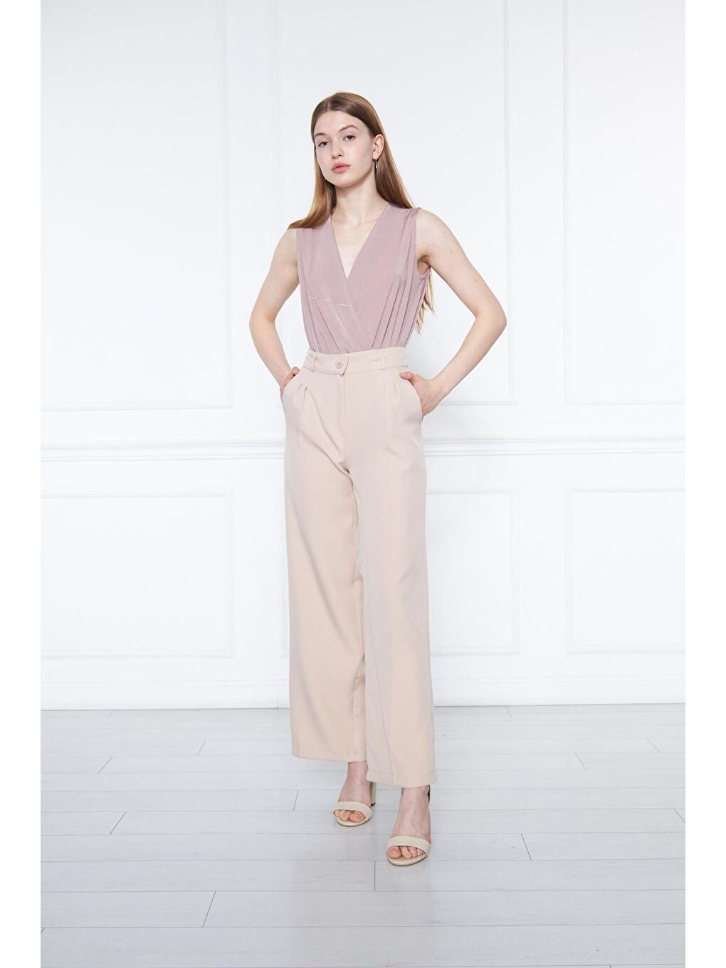 Kadın Bej Yüksek Bel Palazzo Pantolon-4