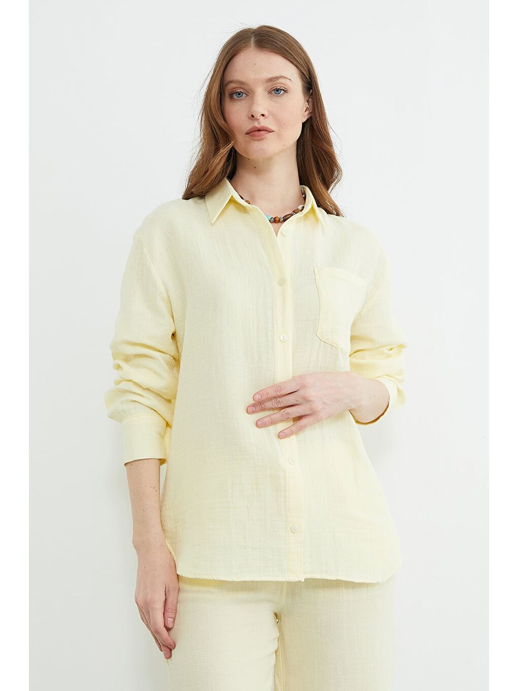 Sarı Tek Cepli Müslin Kumaş Salaş Gömlek-4