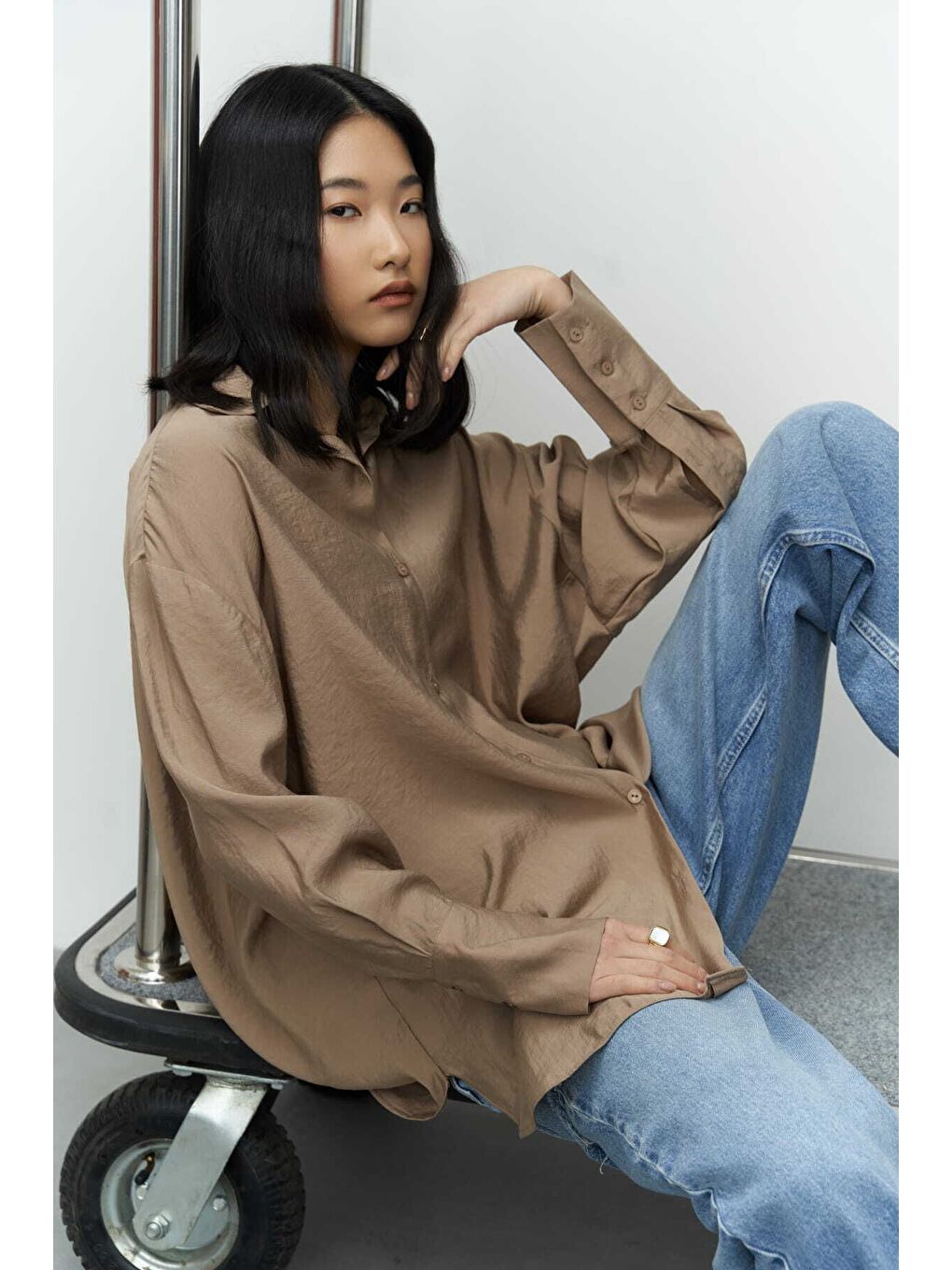 Bej Zaria Açık Vizon Oversize Gömlek-6