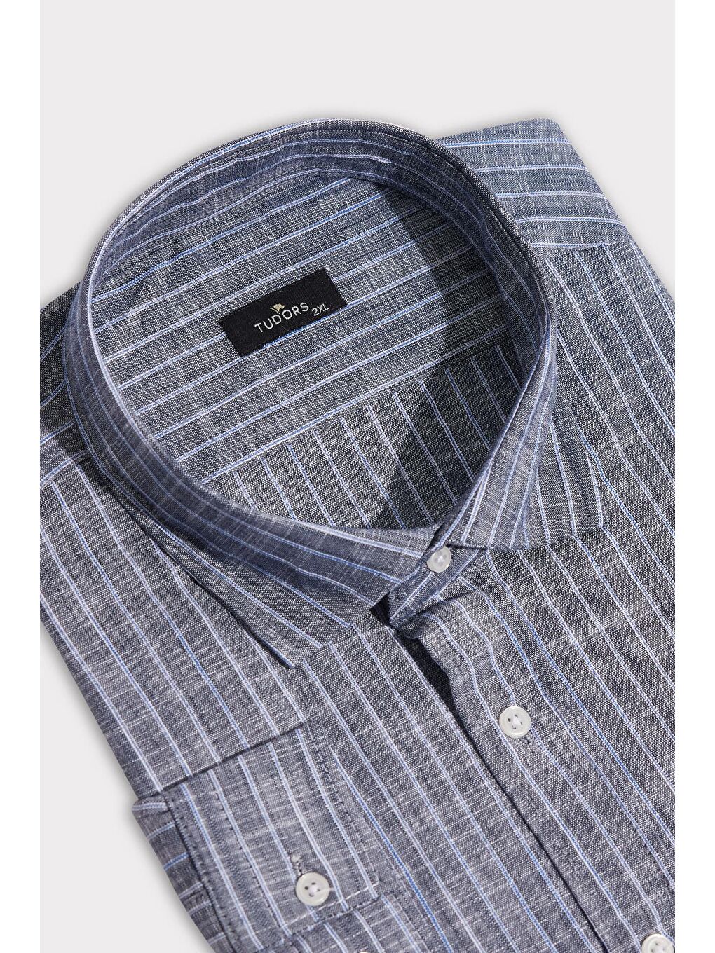 Gri Erkek Battal Büyük Beden Uzun Kollu Çizgili Keten Efektli Spor Yaka Füme Gömlek-1