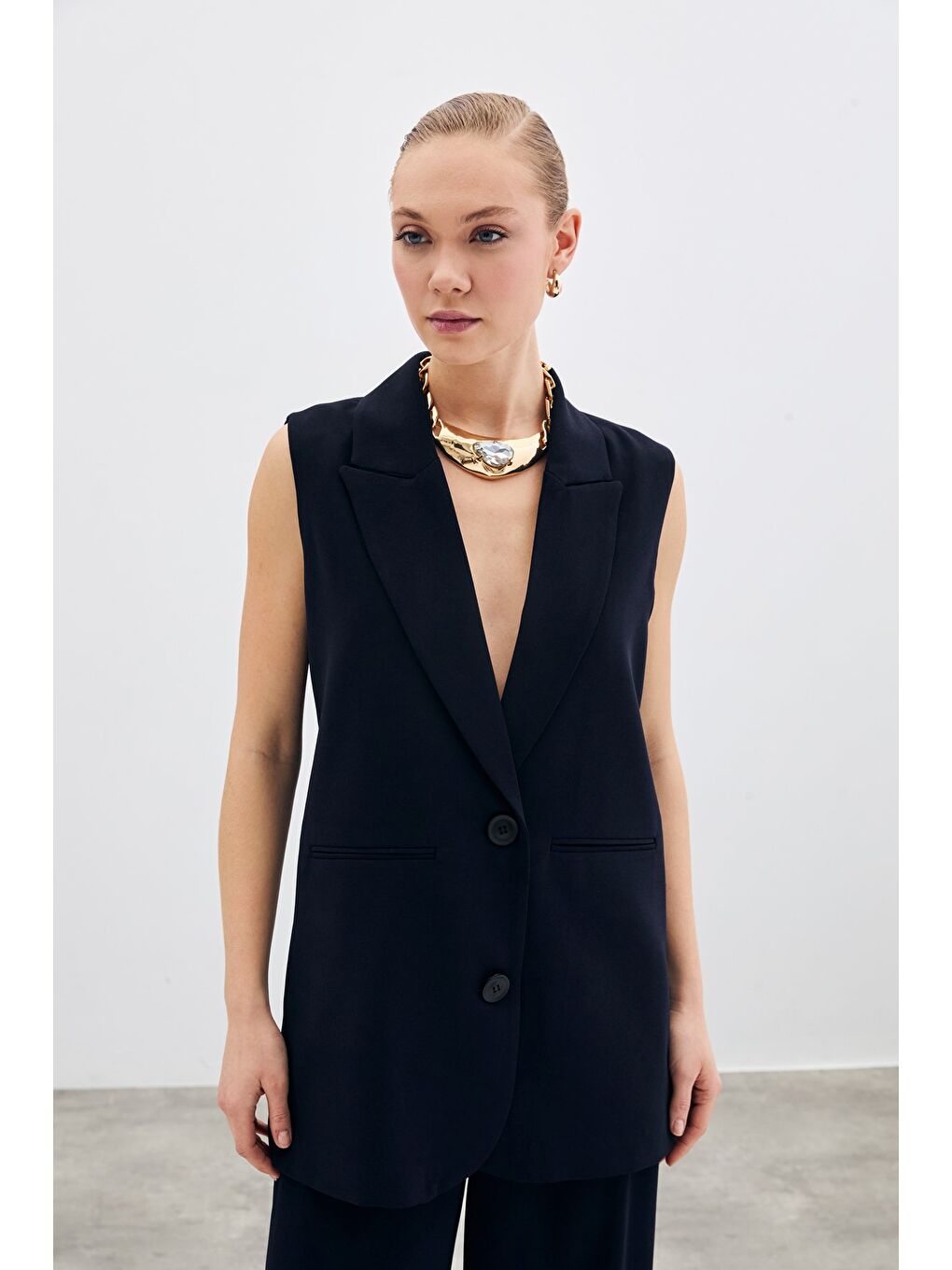 Düğme Detaylı Salaş Yelek - Lacivert-1