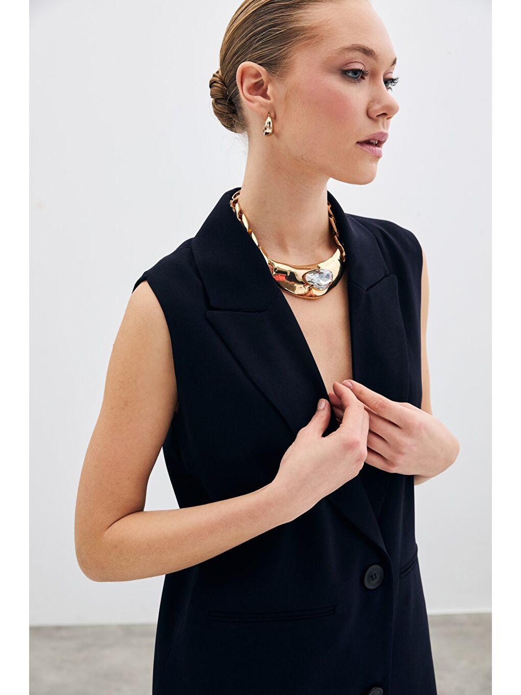 Düğme Detaylı Salaş Yelek - Lacivert-2