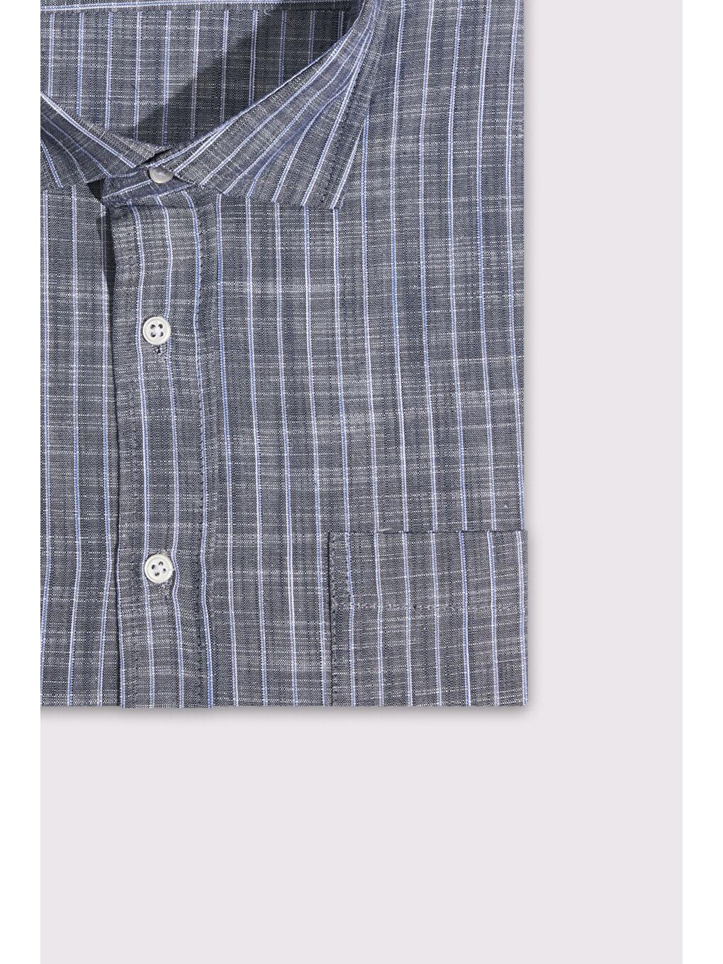 Gri Erkek Battal Büyük Beden Uzun Kollu Çizgili Keten Efektli Spor Yaka Füme Gömlek-2