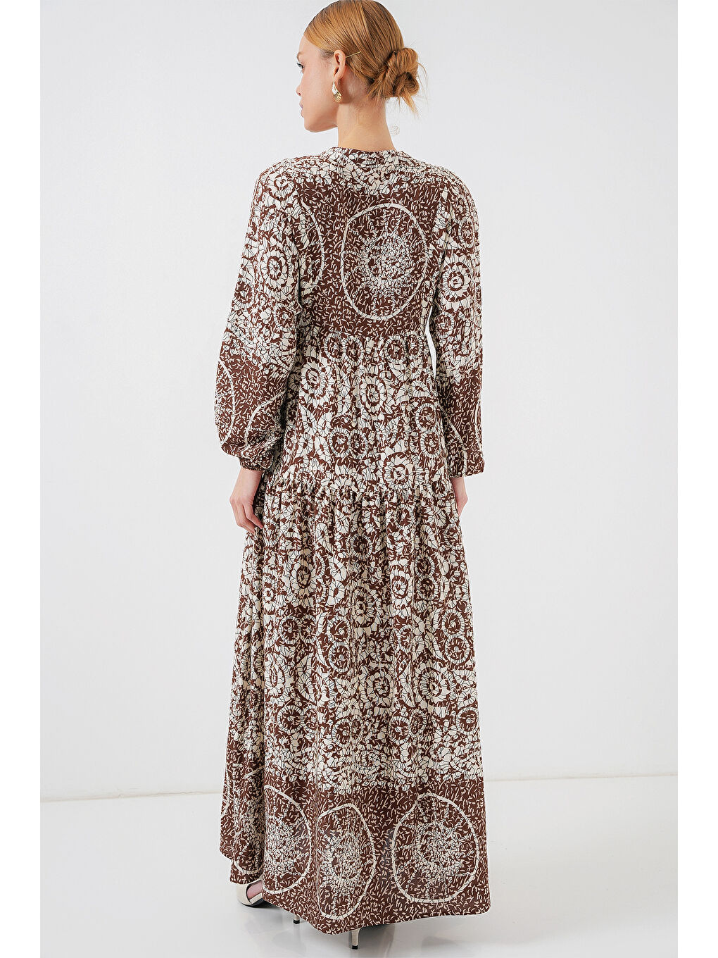 Kahverengi 2423 Otantik Desenli Tesettür Elbise - Y.Kahve-5