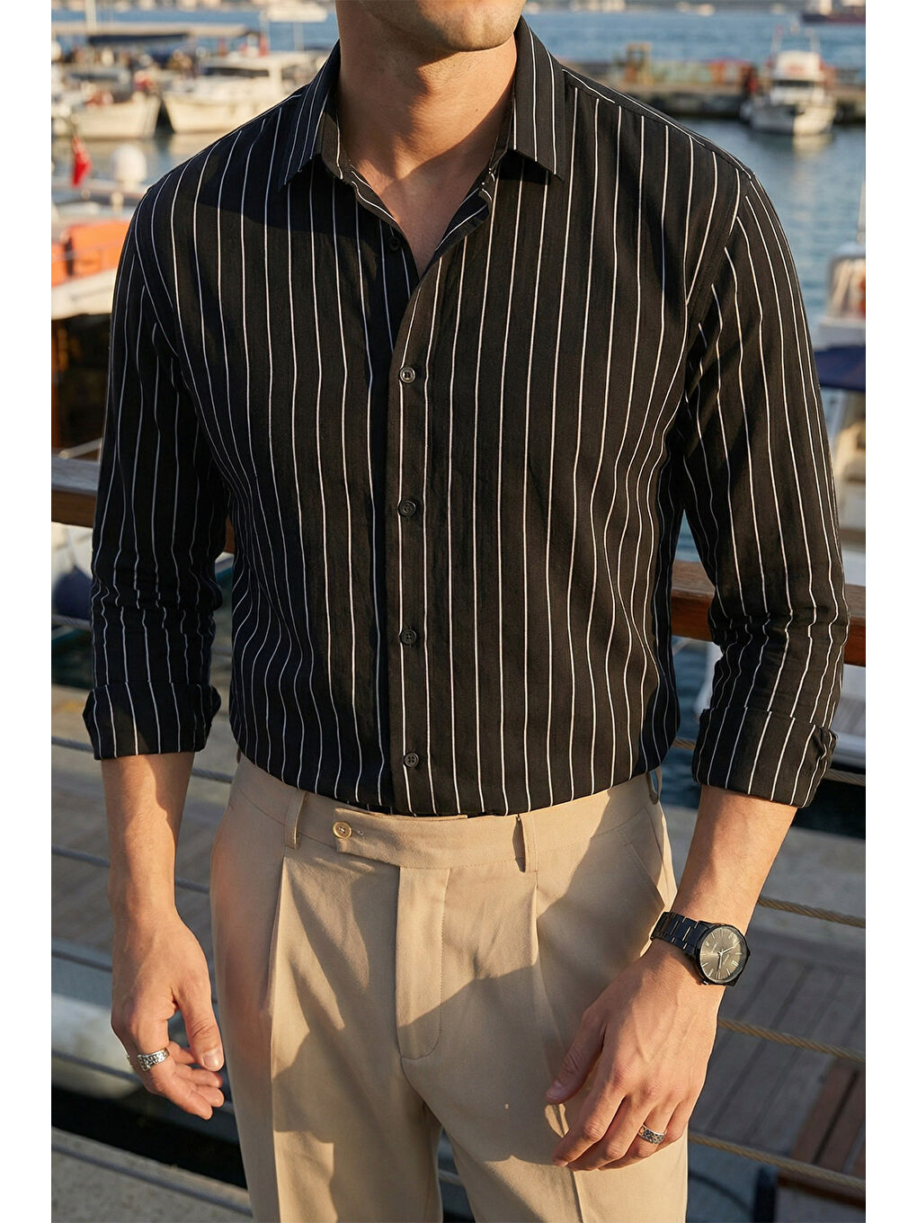 Siyah Arkit Erkek Çizgili Viskon Oversize Gömlek