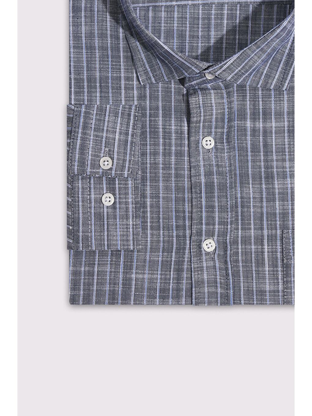 Gri Erkek Battal Büyük Beden Uzun Kollu Çizgili Keten Efektli Spor Yaka Füme Gömlek-3