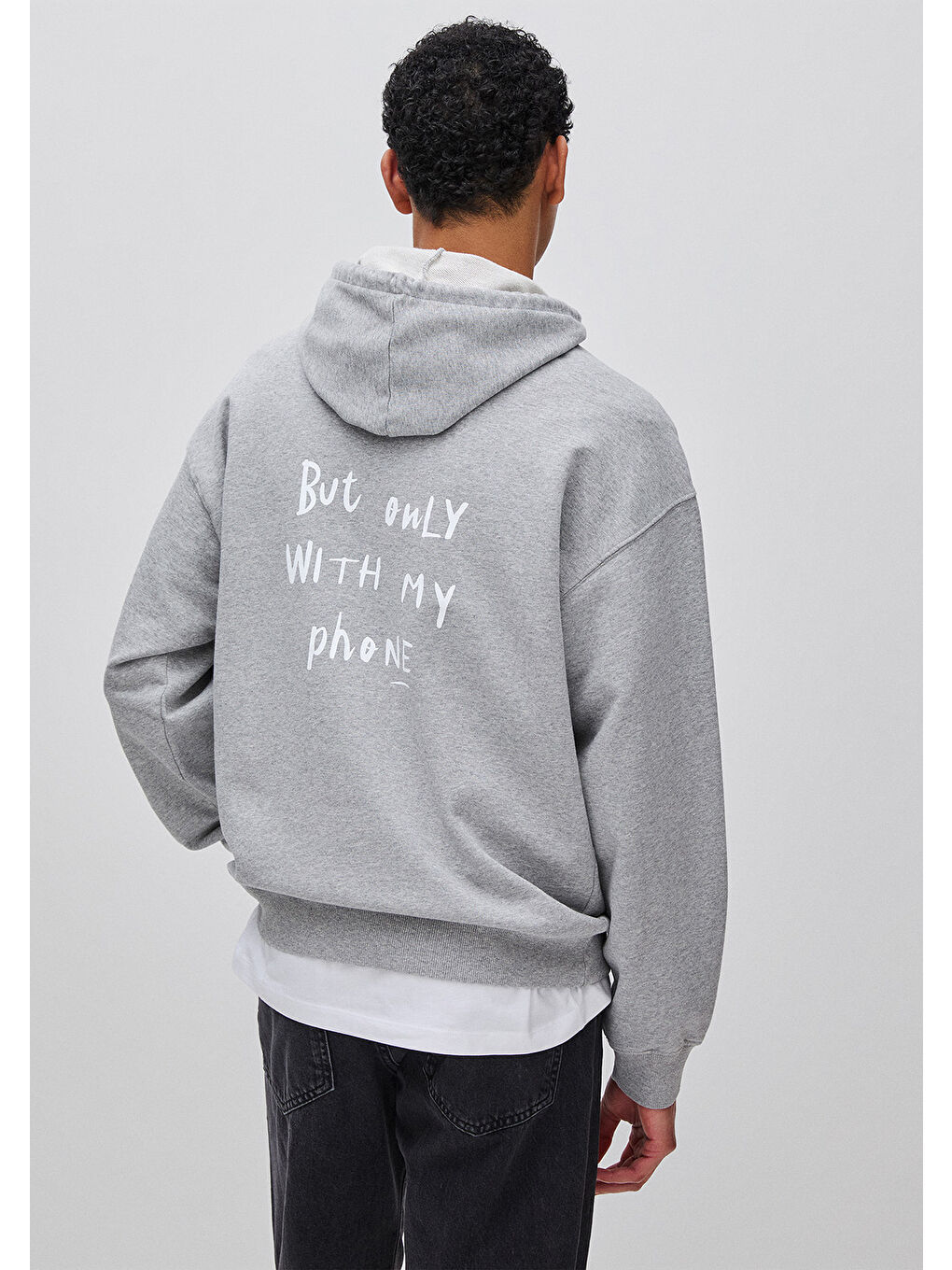 Erkek Gri Melanj  %100 Pamuk Grafik Baskılı Kapüşonlu Sweatshirt-1
