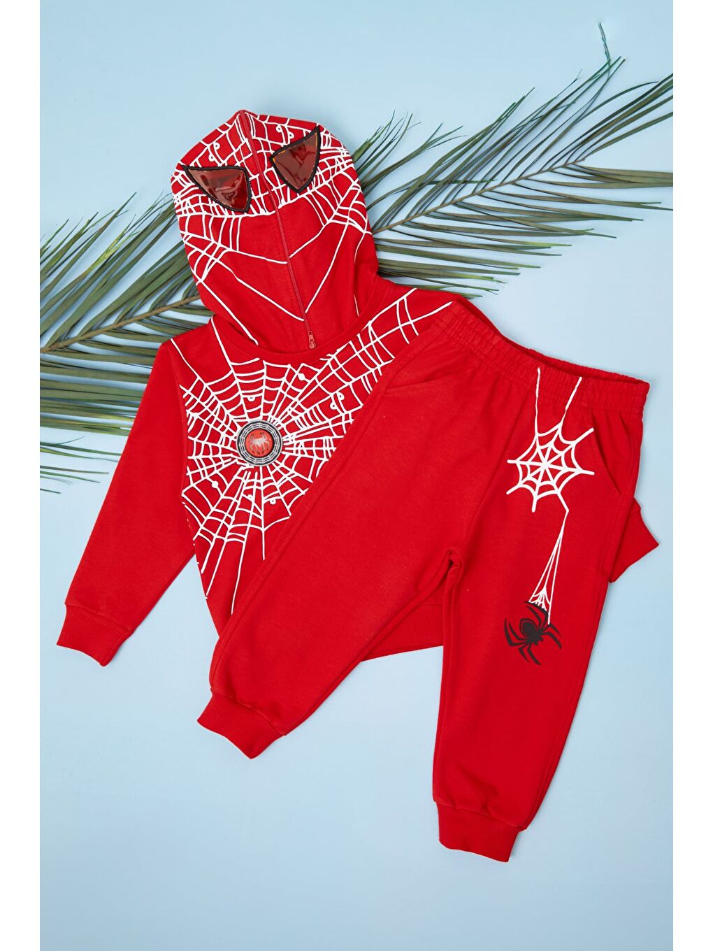Kırmızı Örümcek Baskılı Işıklı Kapüşonlu Erkek Çocuk Takım-3
