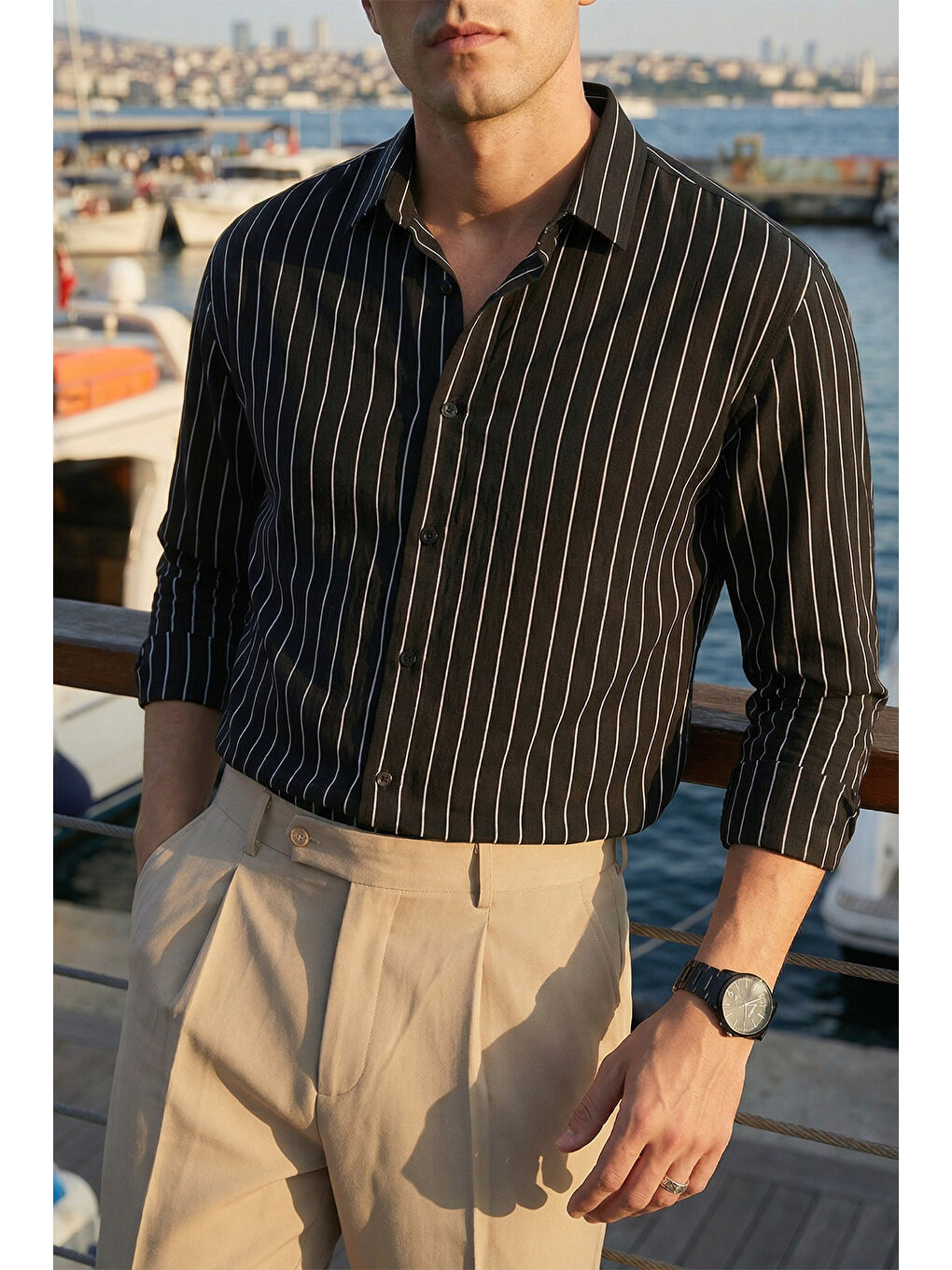 Siyah Arkit Erkek Çizgili Viskon Oversize Gömlek-1