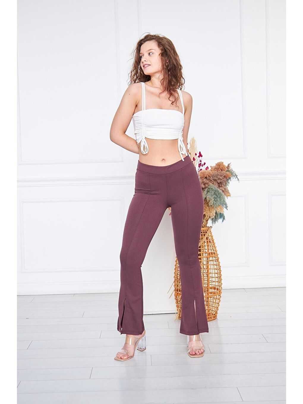 Kahverengi Kadın Çizgili Yırtmaçlı Pembe Ispanyol Paça Pantolon