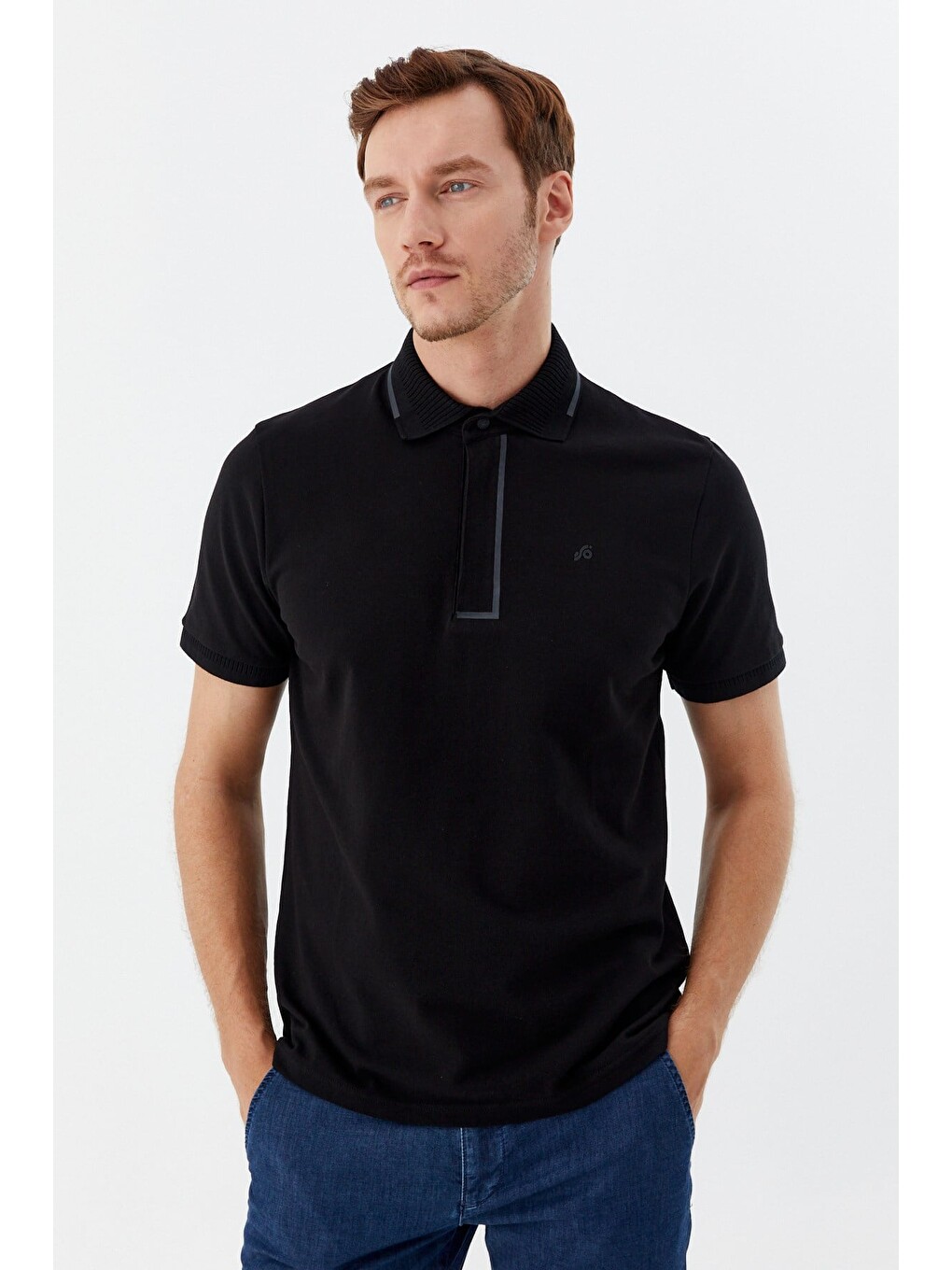 Siyah %100 Pamuk Gizli Fermuarlı Polo Yaka T-shirt-2