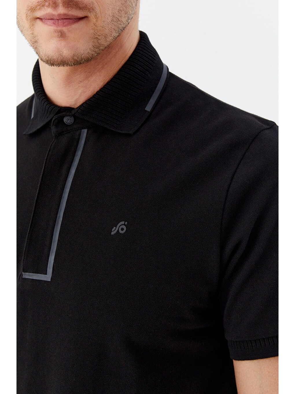 Siyah %100 Pamuk Gizli Fermuarlı Polo Yaka T-shirt-3