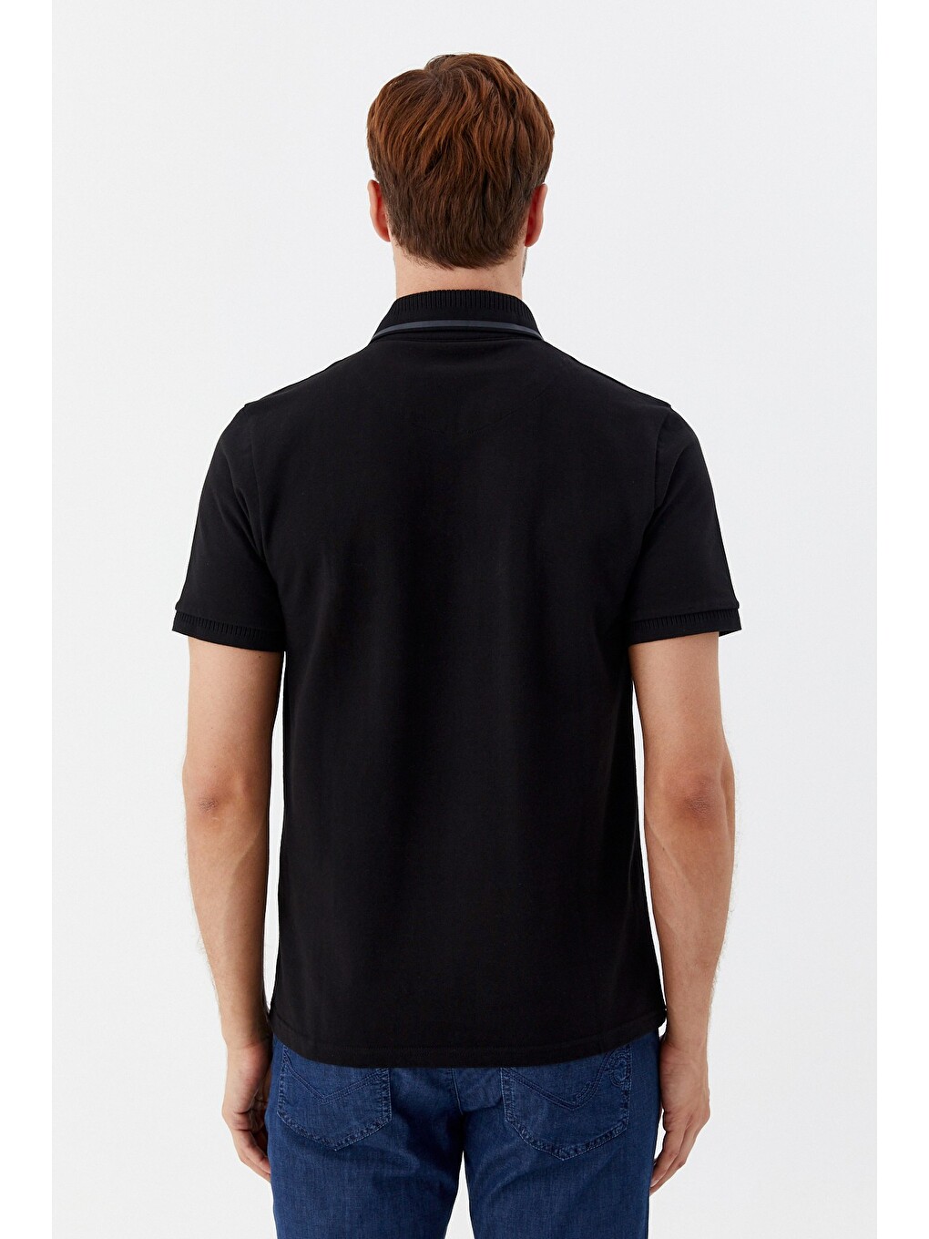 Siyah %100 Pamuk Gizli Fermuarlı Polo Yaka T-shirt-4
