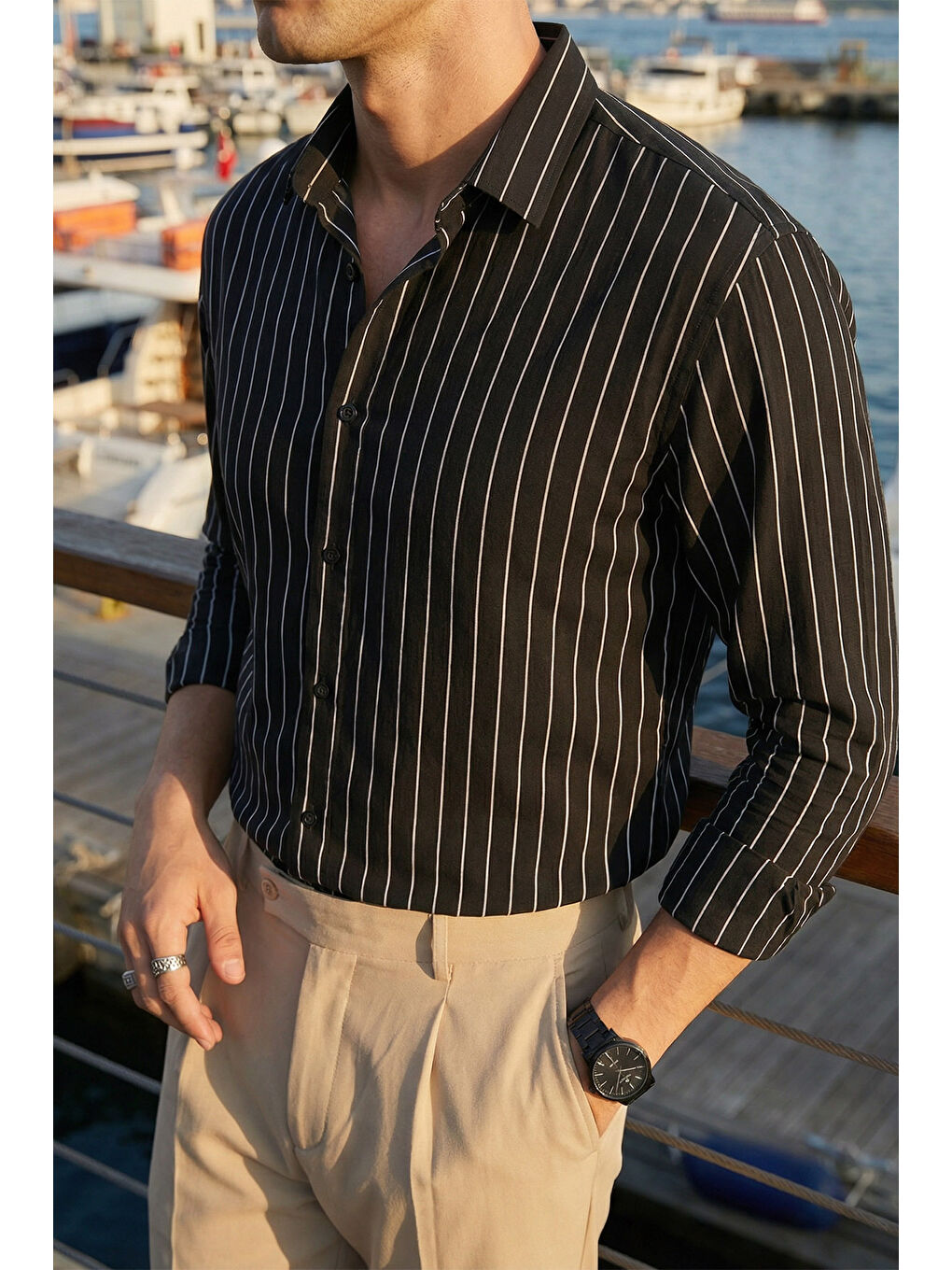 Siyah Arkit Erkek Çizgili Viskon Oversize Gömlek-2