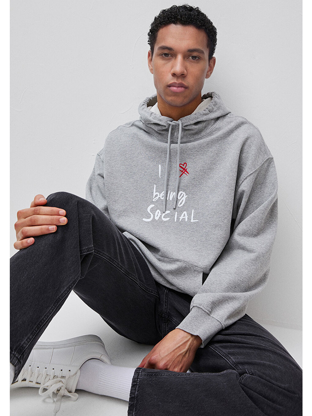 Erkek Gri Melanj  %100 Pamuk Grafik Baskılı Kapüşonlu Sweatshirt-2