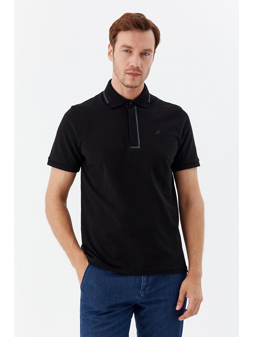 Siyah %100 Pamuk Gizli Fermuarlı Polo Yaka T-shirt-6