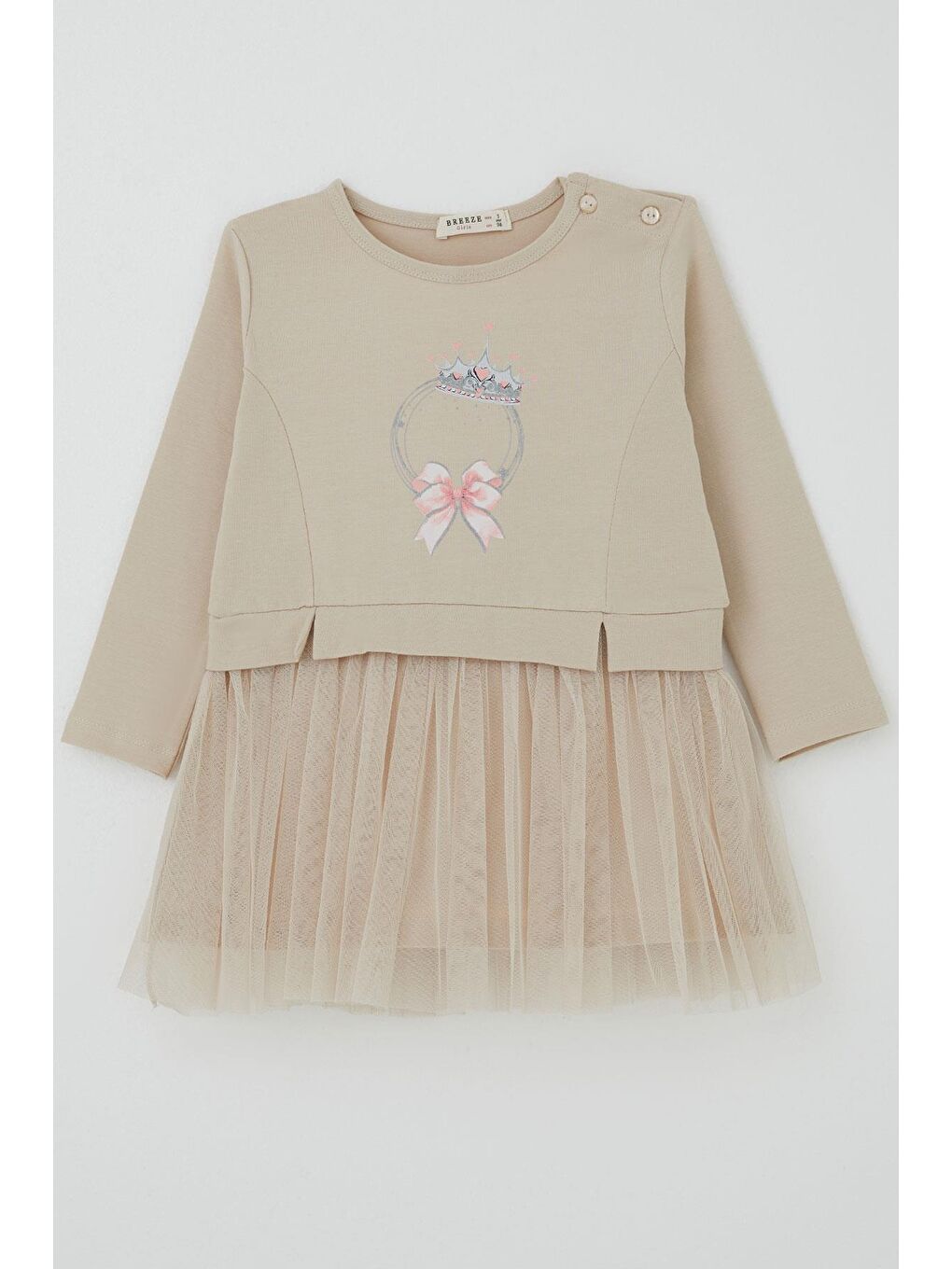 Kız Çocuk Uzun Kollu Elbise Taçlı Kalp Masalı Bej (2-6 Yaş)