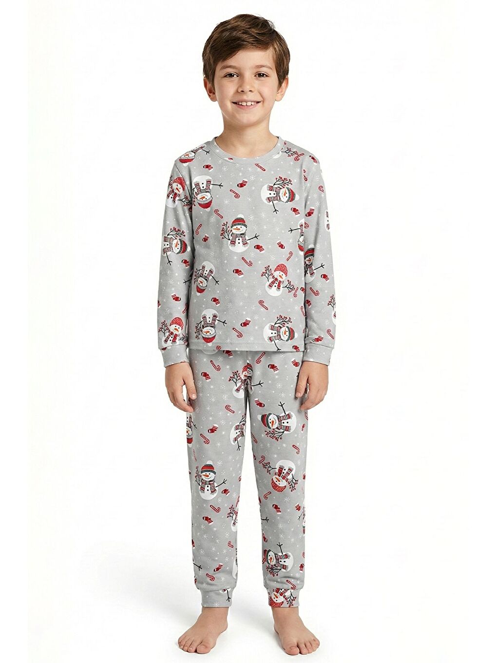Gri Unisex Yılbaşı Temalı Cute Kardan Adam Desenli Çocuk Pijama Takımı
