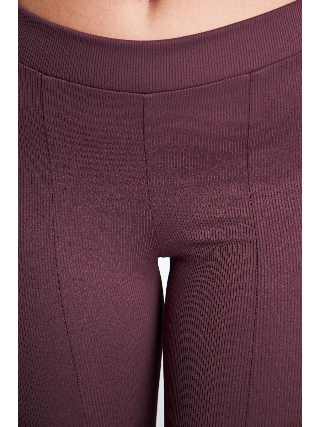 Kahverengi Kadın Çizgili Yırtmaçlı Pembe Ispanyol Paça Pantolon-1