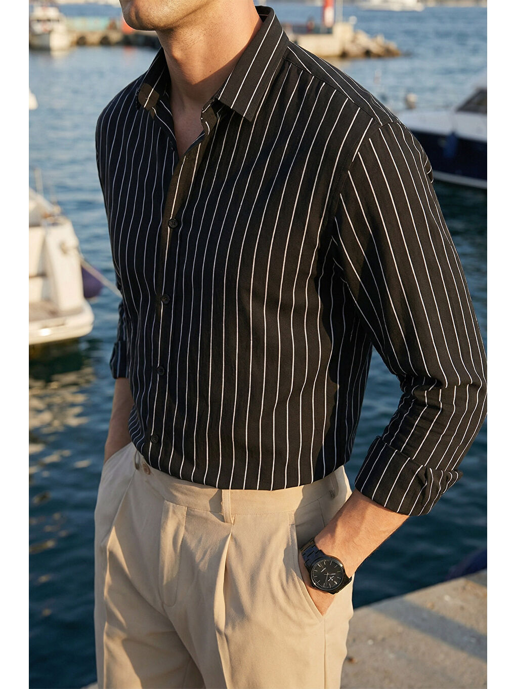 Siyah Arkit Erkek Çizgili Viskon Oversize Gömlek-3