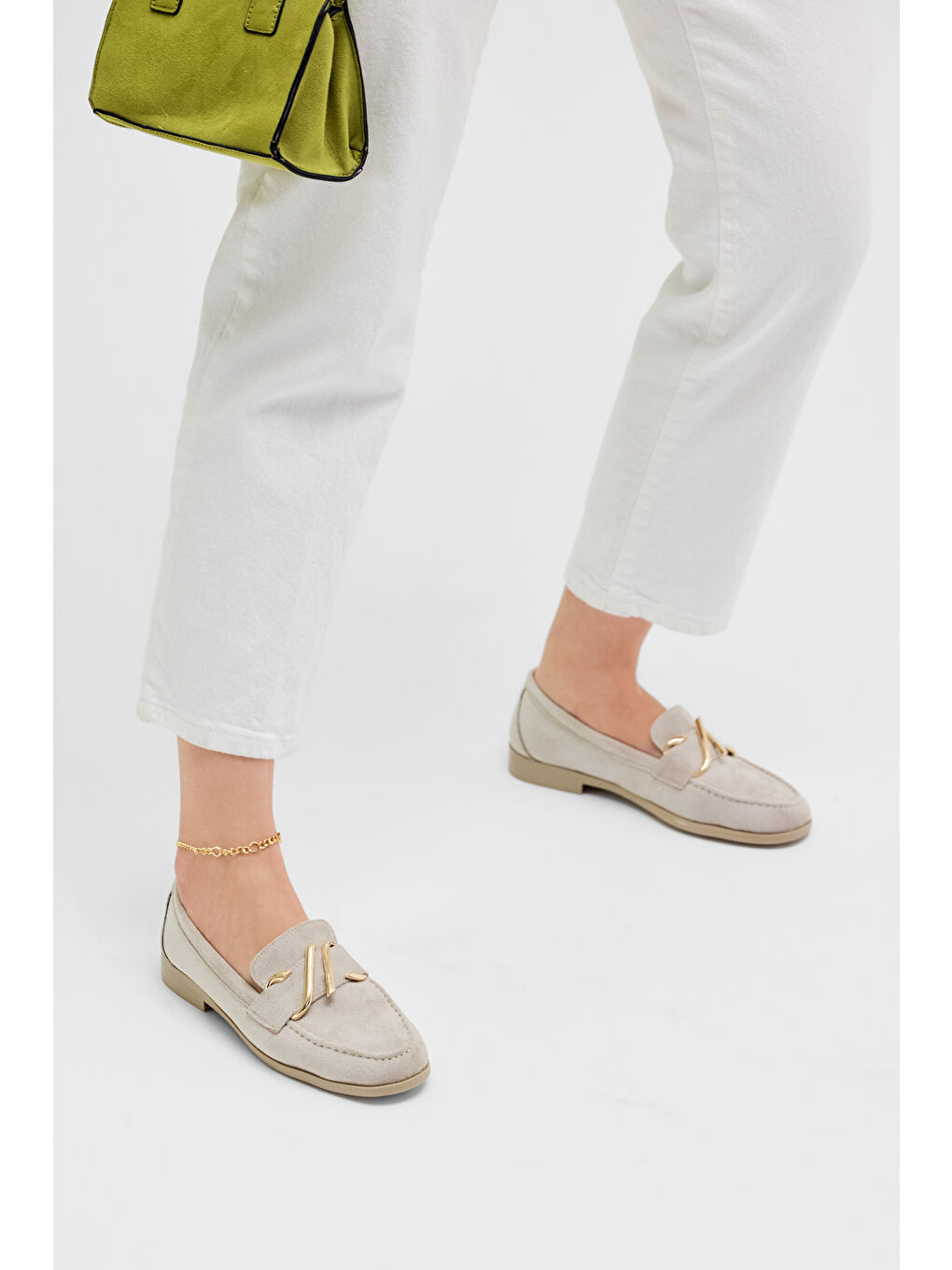 Kadın Bej Kadın Loafer Deri Toka Rahat Taban Detaylı Günlük Babet-1