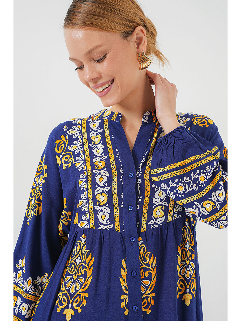 2423 Otantik Desenli Tesettür Elbise - Lacivert 6-2