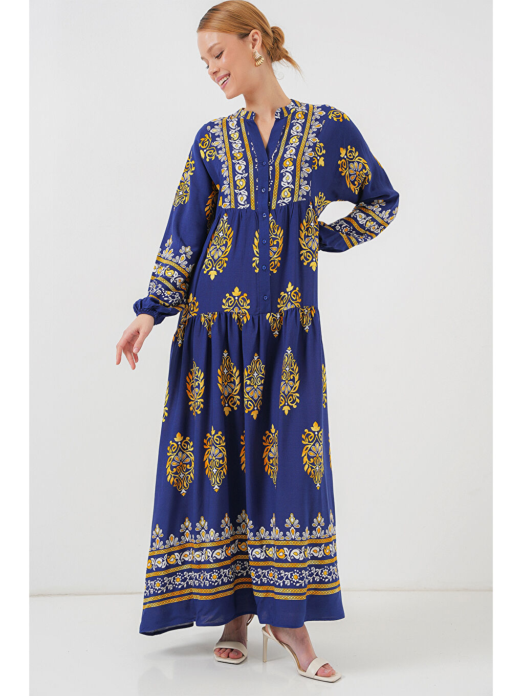 2423 Otantik Desenli Tesettür Elbise - Lacivert 6-3