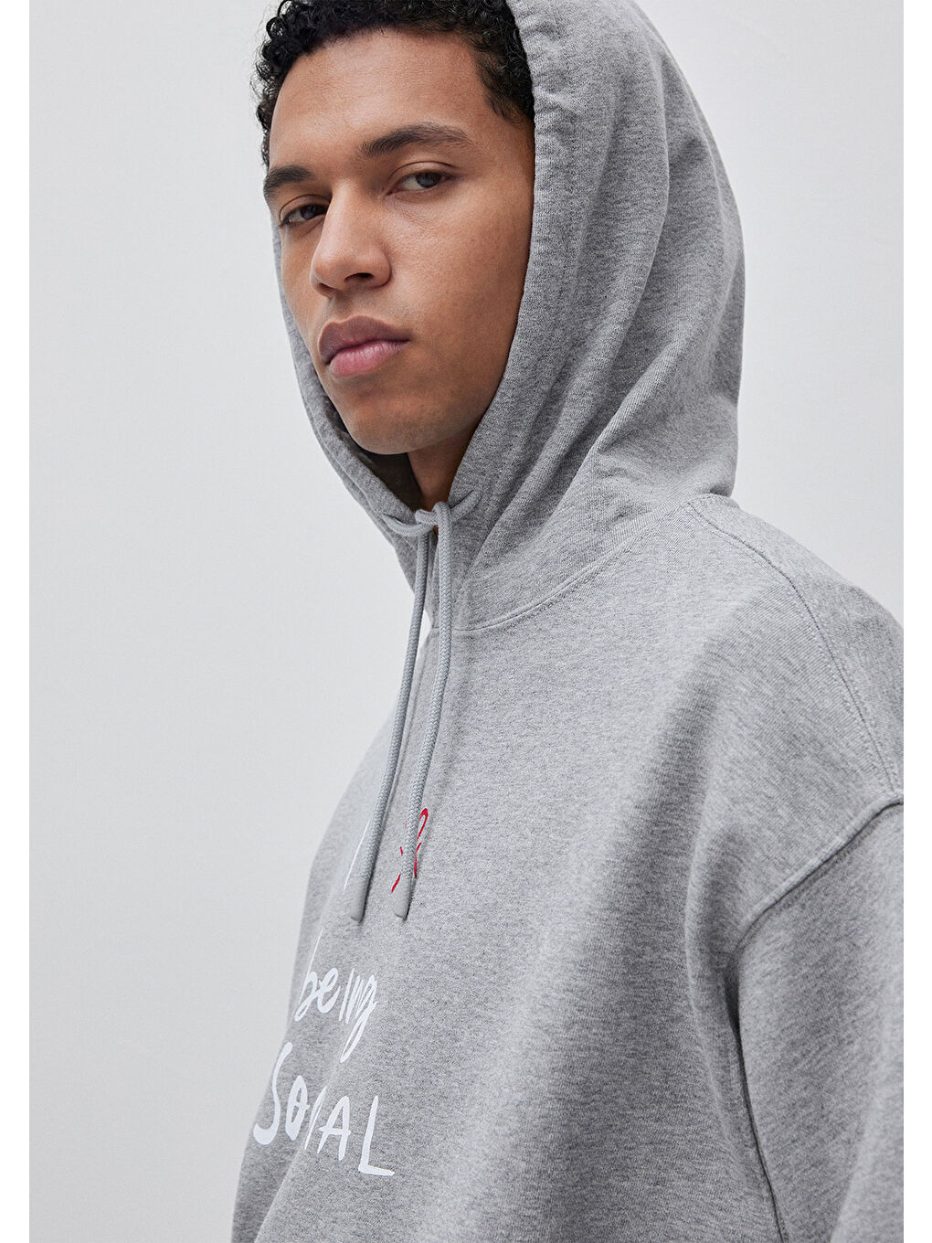 Erkek Gri Melanj  %100 Pamuk Grafik Baskılı Kapüşonlu Sweatshirt-3