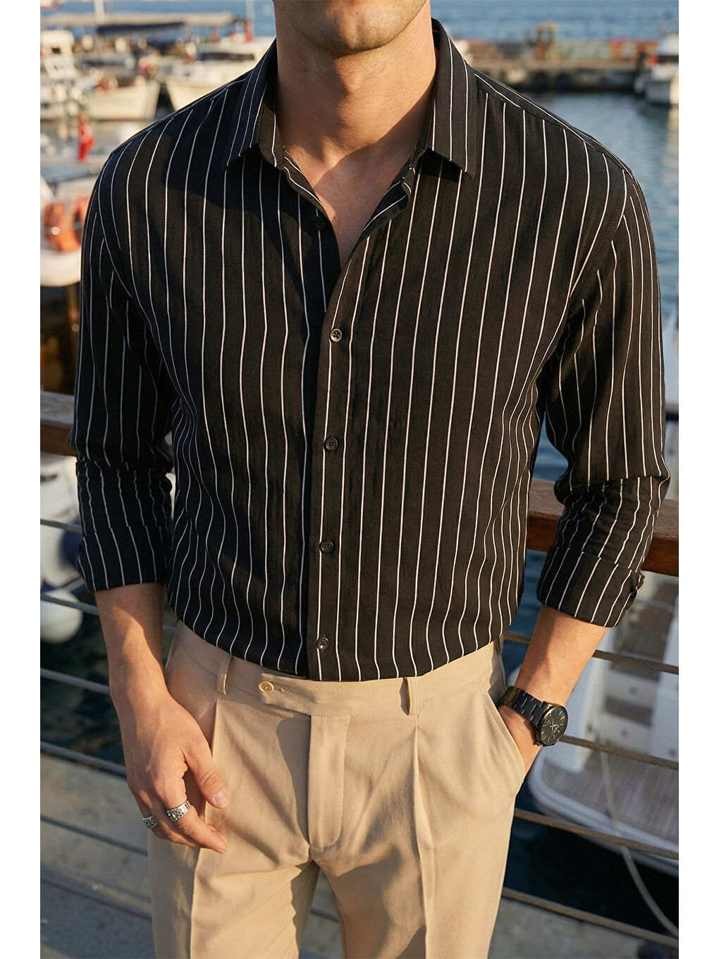 Siyah Arkit Erkek Çizgili Viskon Oversize Gömlek-4