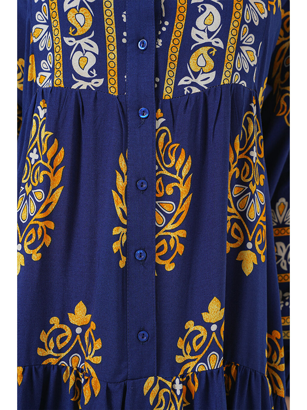 2423 Otantik Desenli Tesettür Elbise - Lacivert 6-4