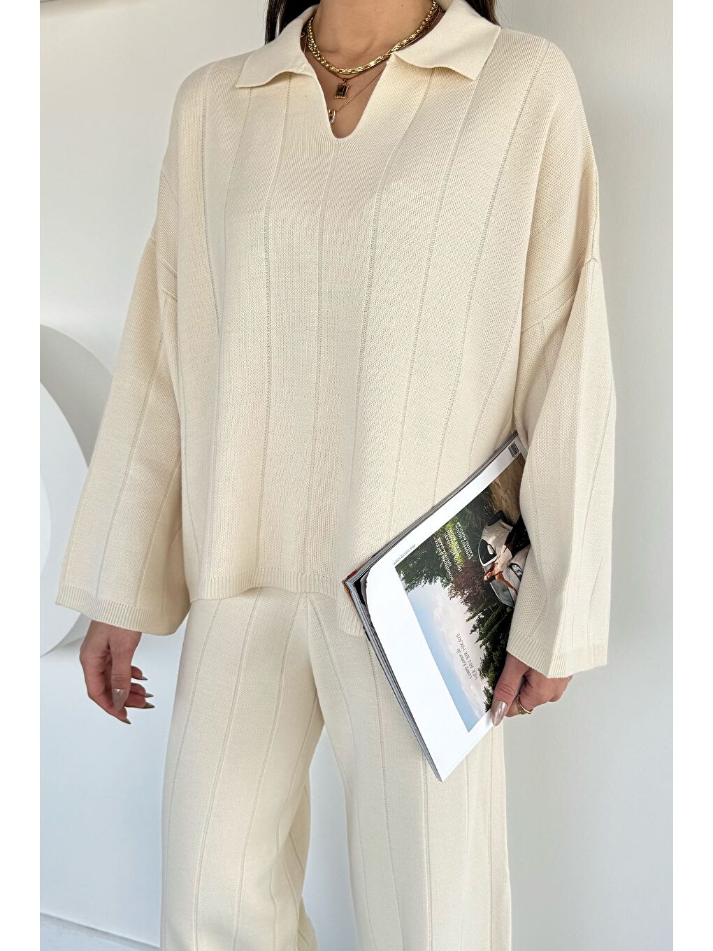 Ekru Polo Yaka Bluz Pantolon Triko İkili Takım