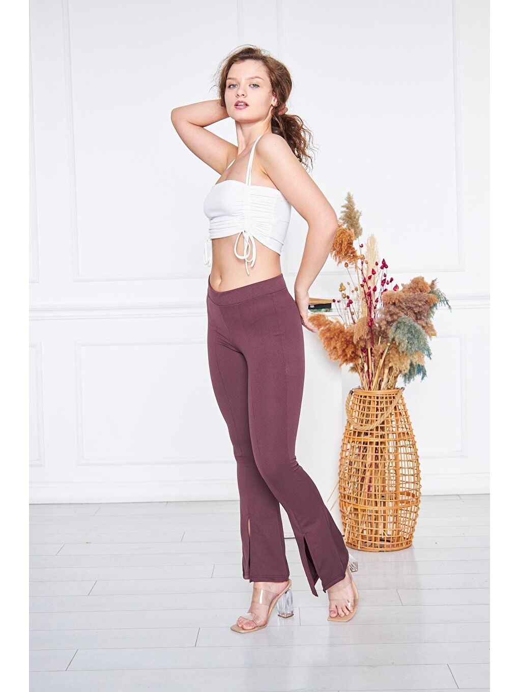 Kahverengi Kadın Çizgili Yırtmaçlı Pembe Ispanyol Paça Pantolon-2