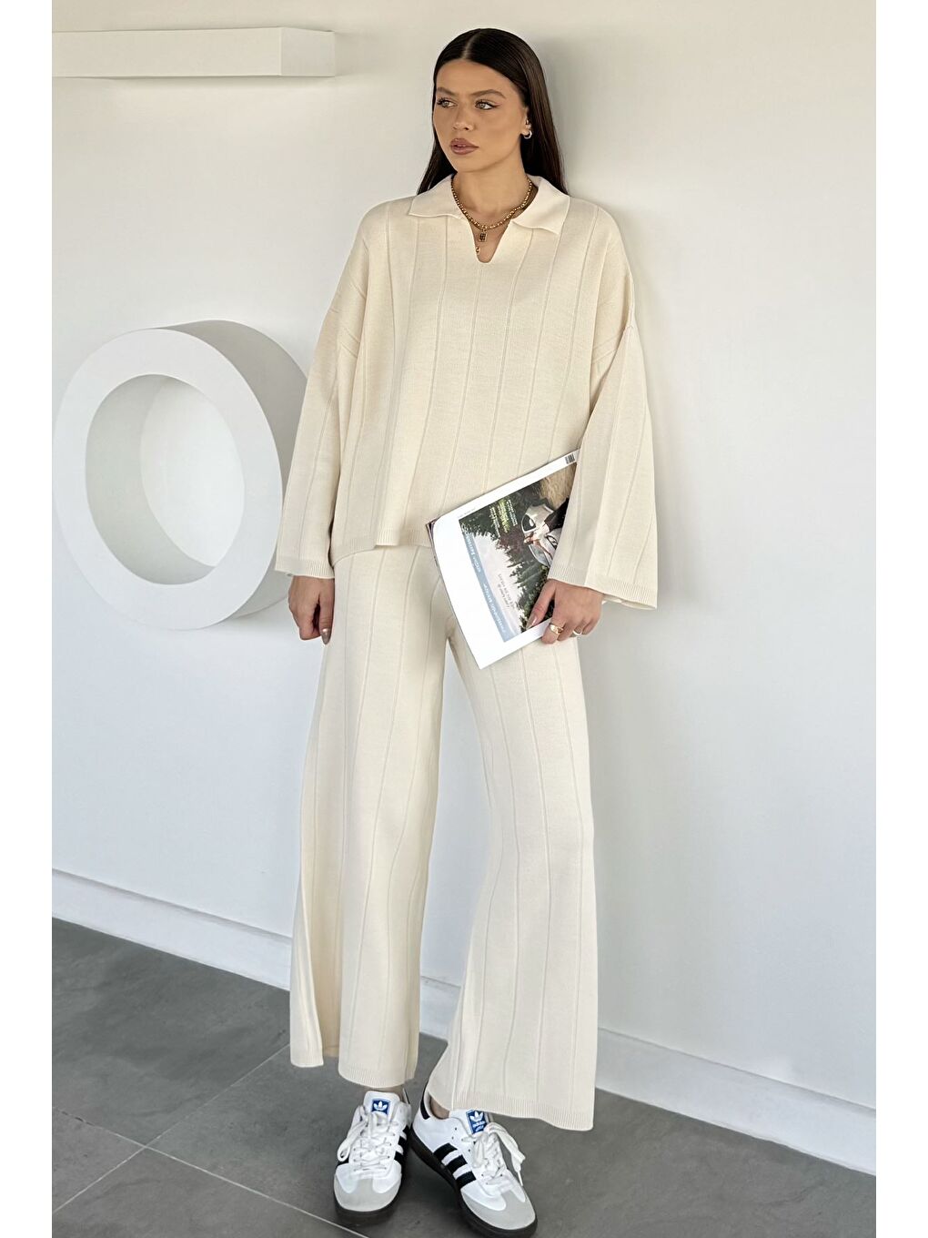 Ekru Polo Yaka Bluz Pantolon Triko İkili Takım-1