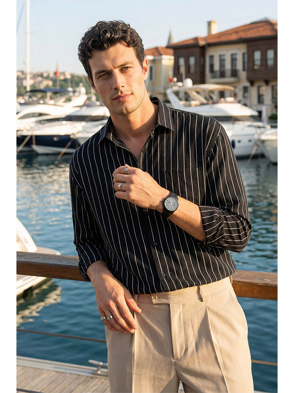 Siyah Arkit Erkek Çizgili Viskon Oversize Gömlek-5