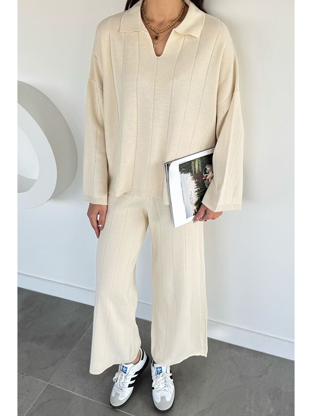Ekru Polo Yaka Bluz Pantolon Triko İkili Takım-2