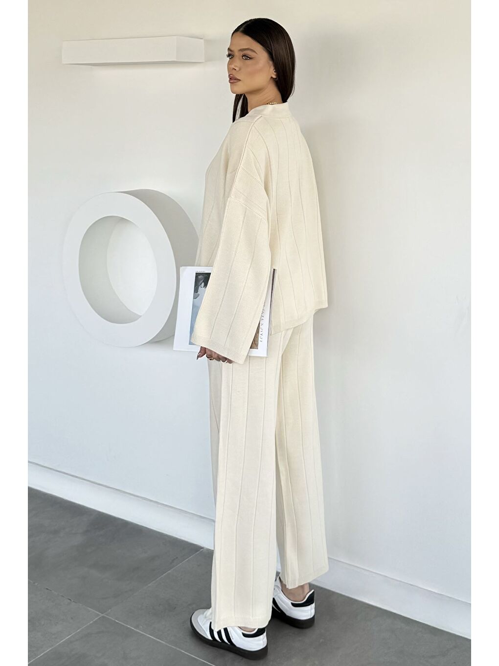 Ekru Polo Yaka Bluz Pantolon Triko İkili Takım-3